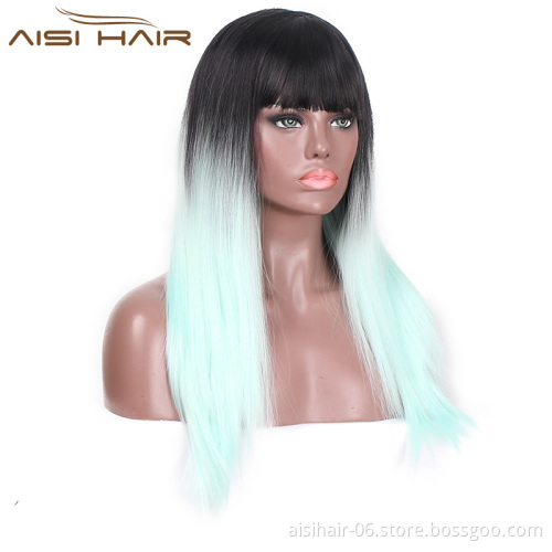 Aisi Hair Top Quality Cheap Synthetic Long Straight Wig With Neat Bangs Ombre Blue Color Heat Resistant Wigs For Black Women